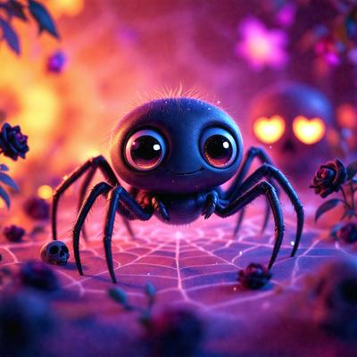 The primary subject of the image is a smiling spider with big eyes, sitting on a web. The setting is a garden with flowers and a pink background. The visual style is digital art, and the colors and mood are bright and cheerful.